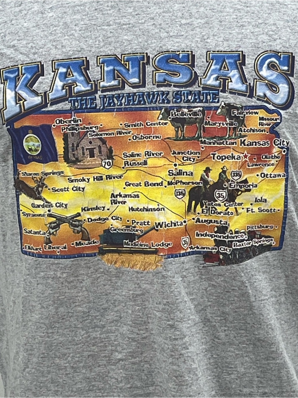 Gildan Vintage Mens Kansas The Jayhawk State Map Graphic T-Shirt Medium
